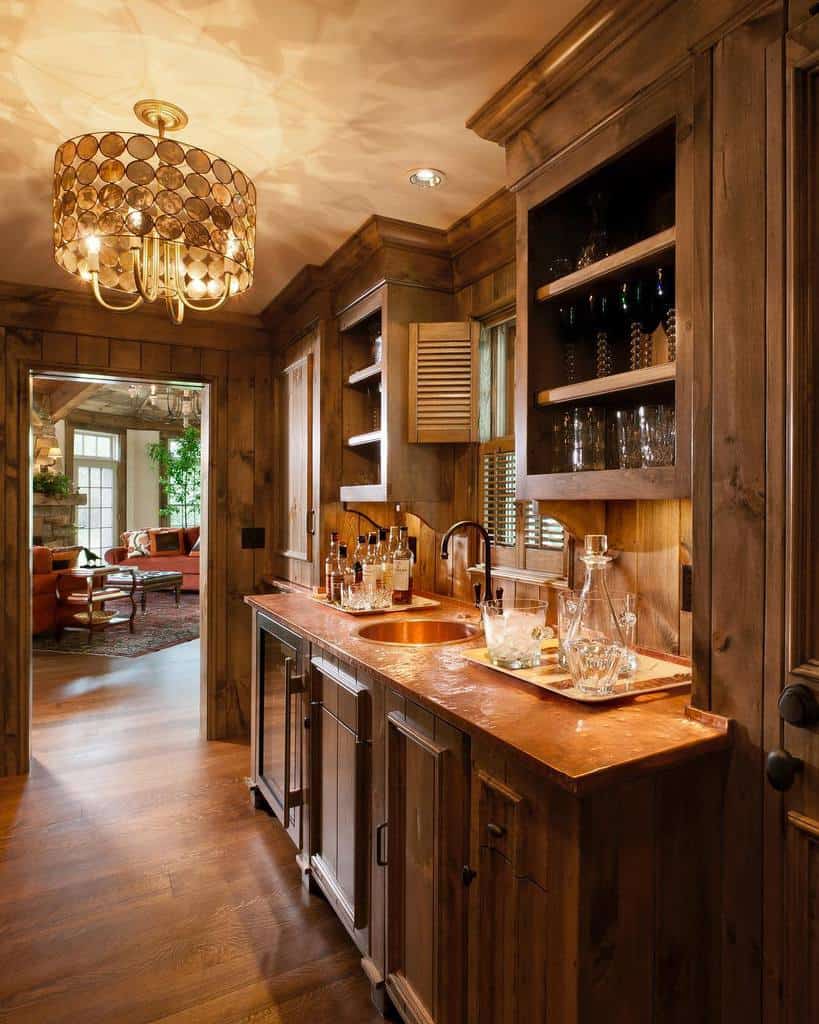 Large wall-mounted wooden liquor cabinet with wet bar