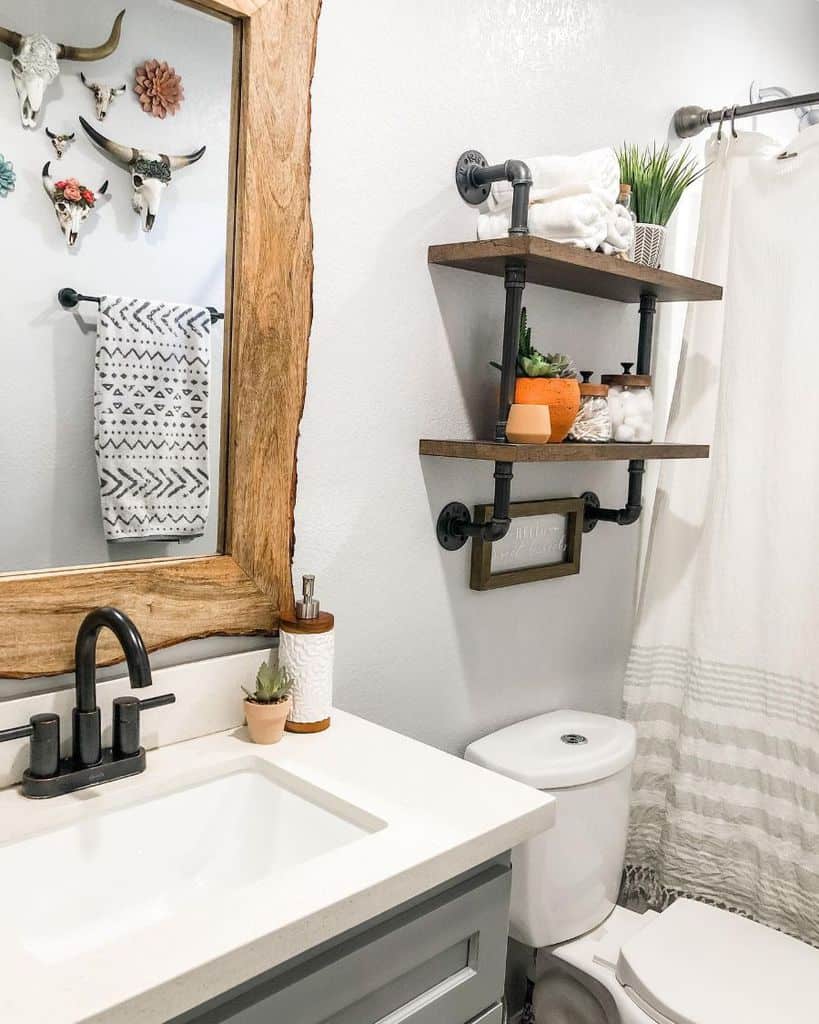 Rustic bathroom with wooden wall shelves 