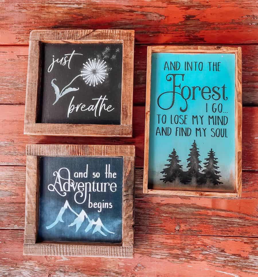 Framed wall signs in a rustic home