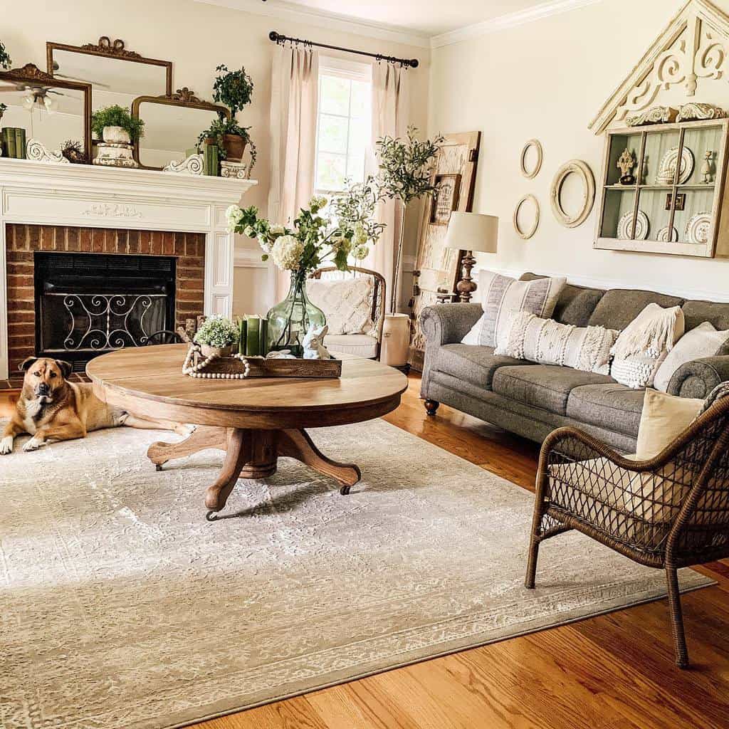Country-house style living room with gray sofa, wooden coffee table and brick fireplace 