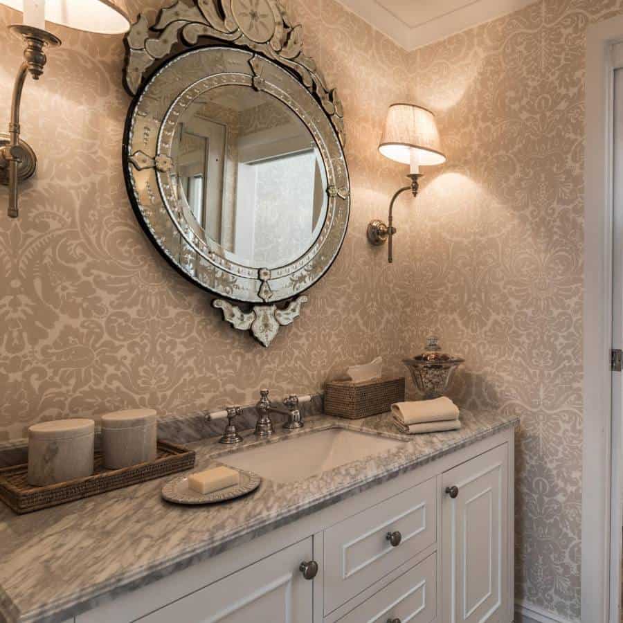 Gray Pattern Wallpaper Bathroom Circle Wall Mirror 