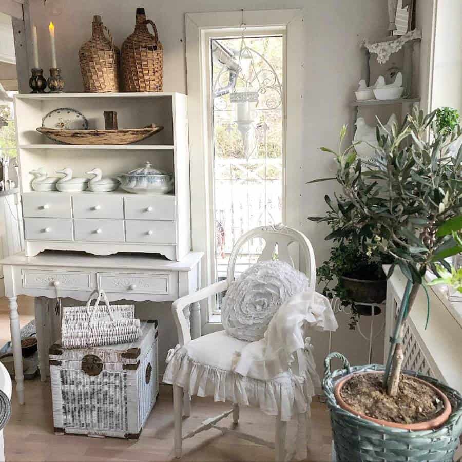 White country style cabinet and wicker chair 