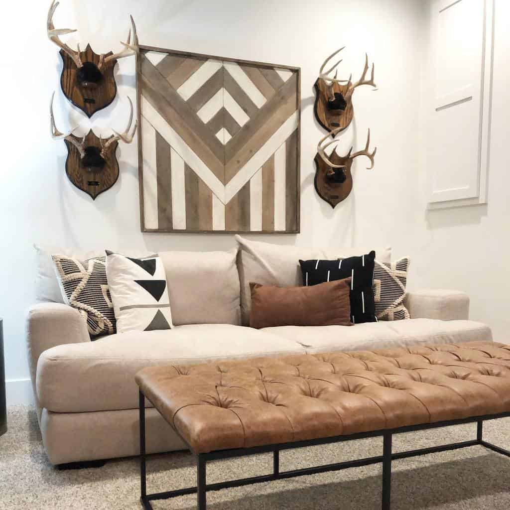Modern living room with deer heads on the wall