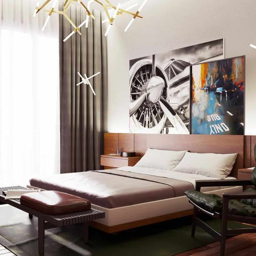 Modern bedroom with wooden pedestal bench and Sputnik chandelier