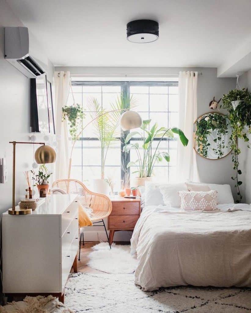 small vintage bedroom with plants 