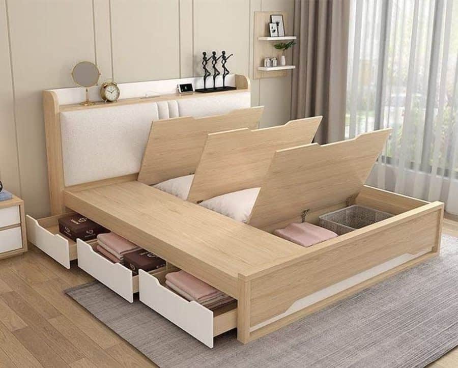 small bedroom with storage space under the bed 