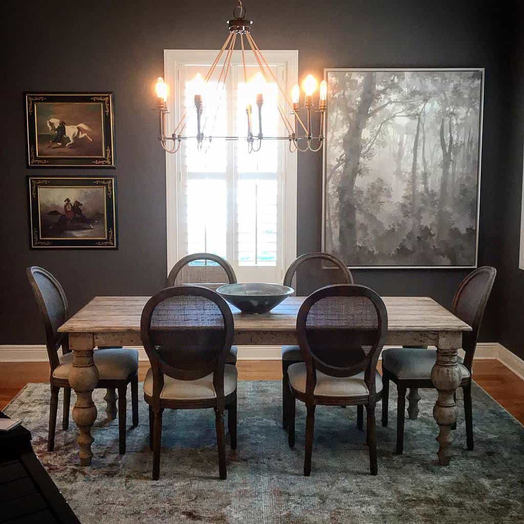 Vintage wooden dining table with six chairs, gray walls, floor carpet 