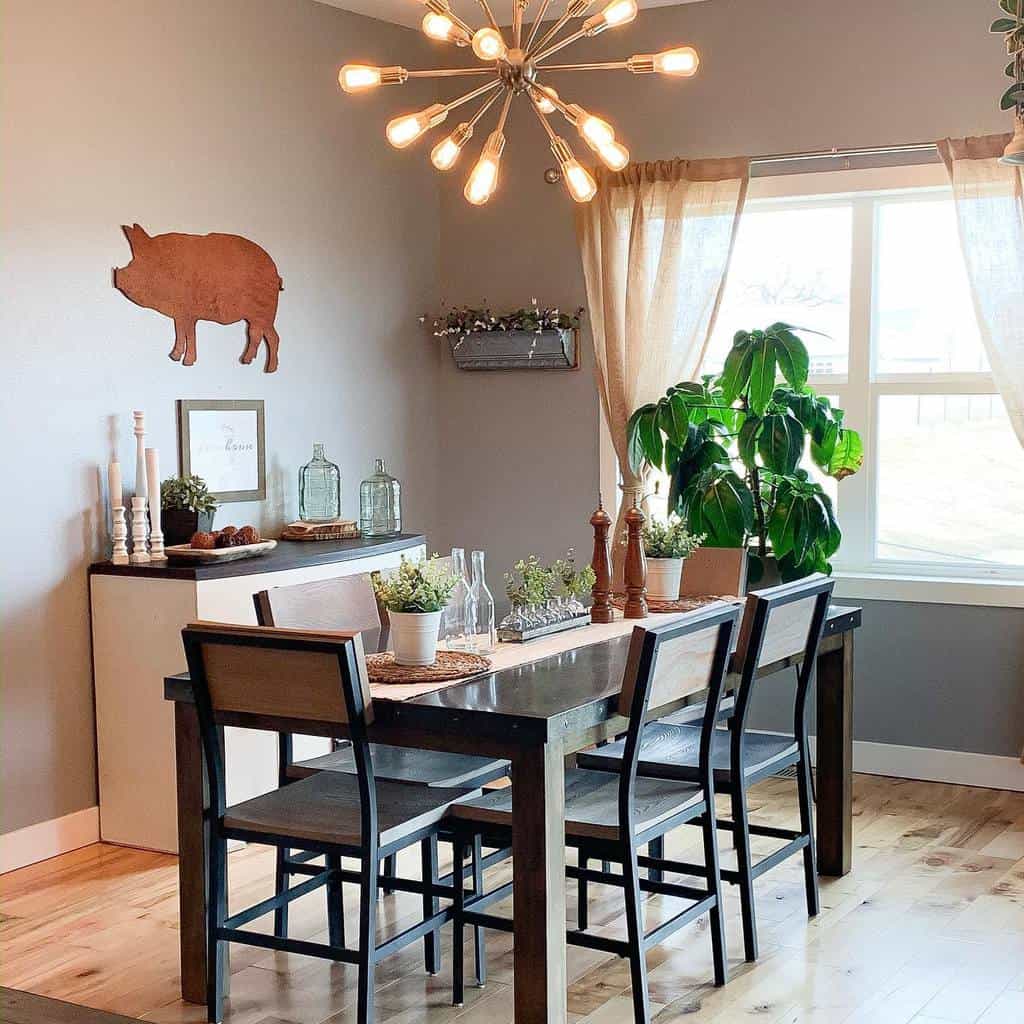 small modern dining room table with black table and chairs, Sputnik chandelier
