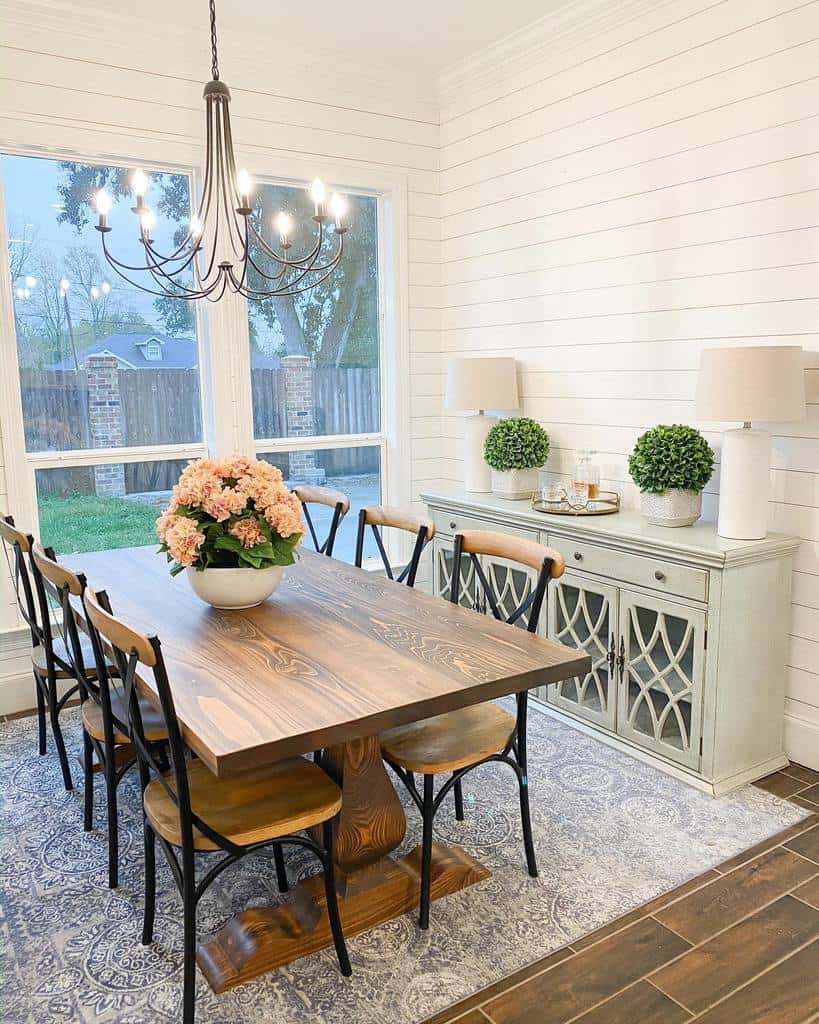Rustic dining table and chairs, lamps, chandeliers