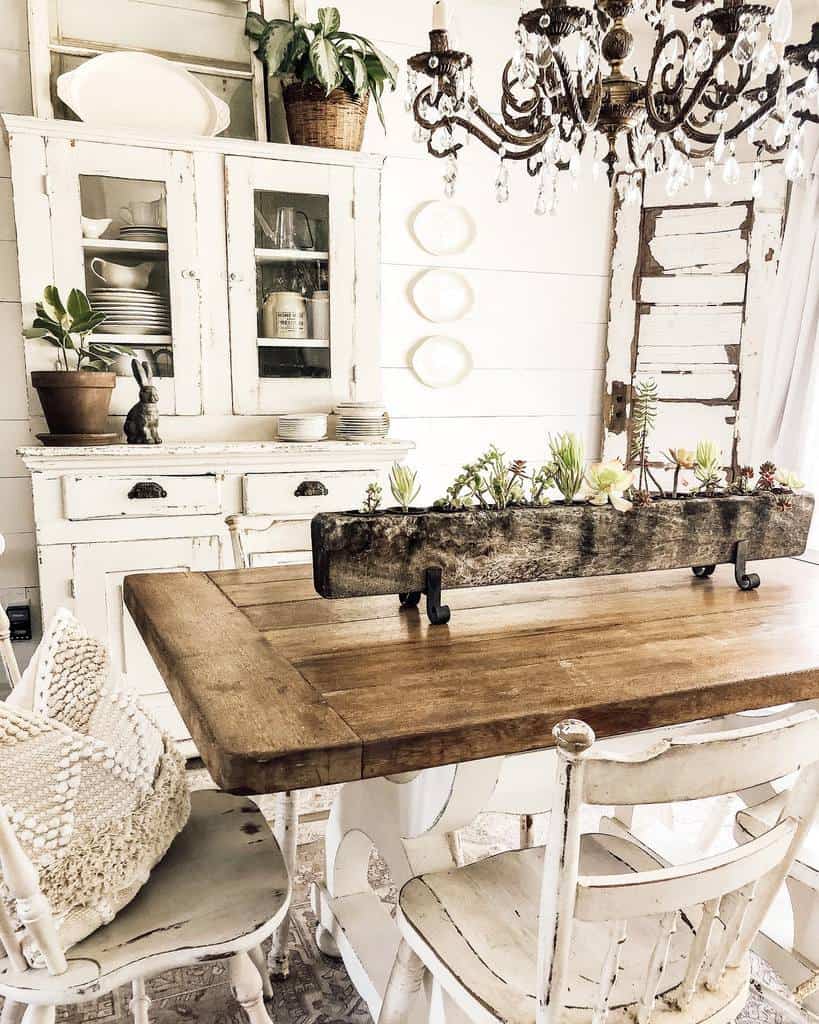 Rustic White Dining Room Wooden Dining Table Planter Decoration Chandelier