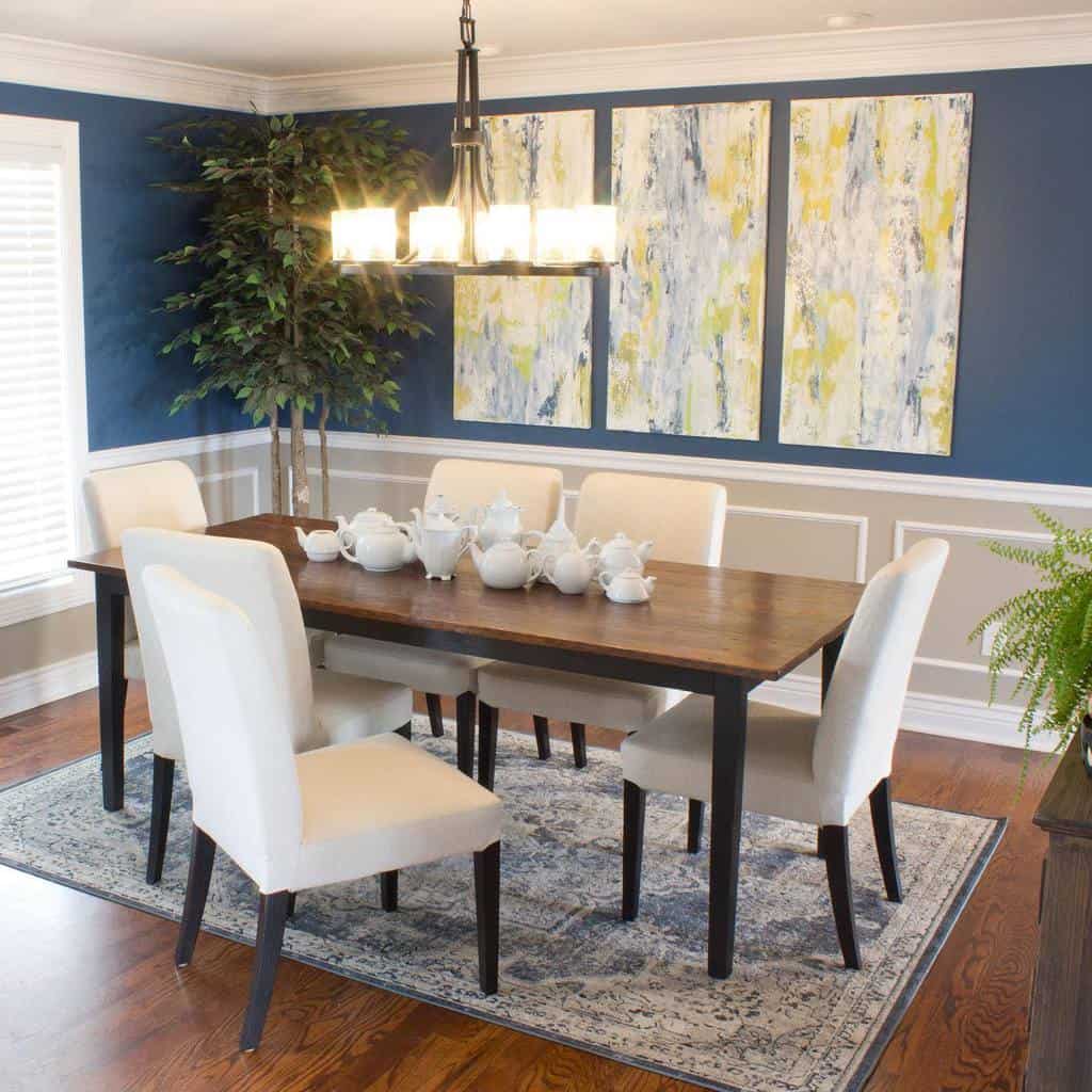 Transitional Dining Room Table with Teapots Abstract Canvas Wall Art Chandelier