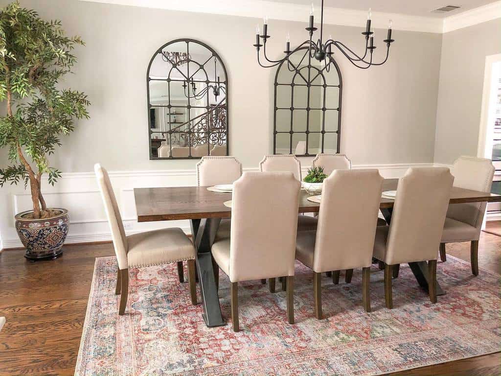 Transitional dining room wooden table and chairs with high back, potted plant chandelier