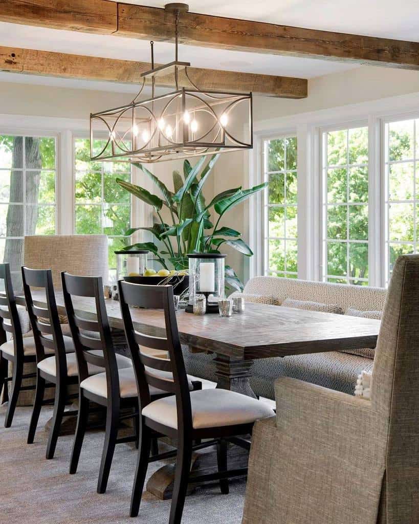Modern dining table and chairs with exposed beam ceiling chandelier