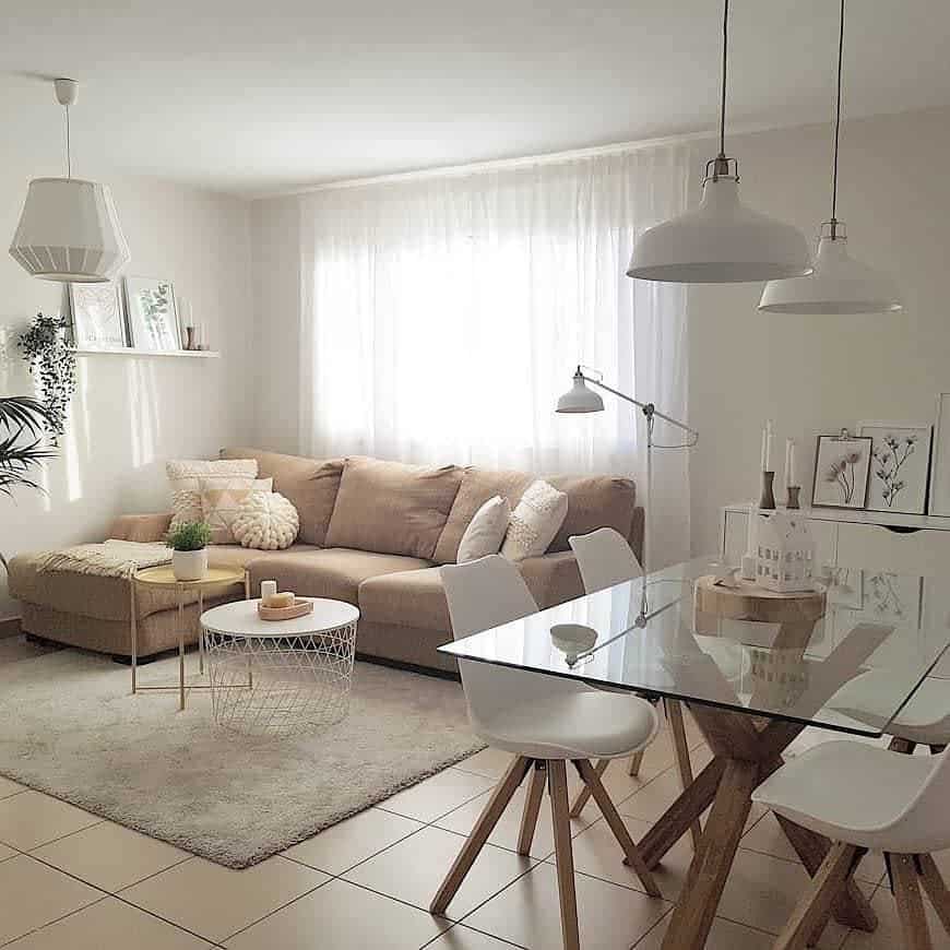 Beige living room, dining room, glass top, table, sofa, wall shelf, floor lamp