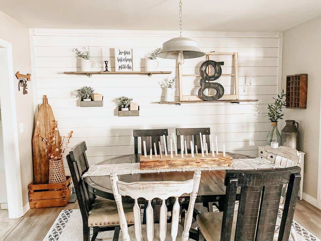 Rustic dining room wall shelves, vintage wooden table and chairs, floor carpet