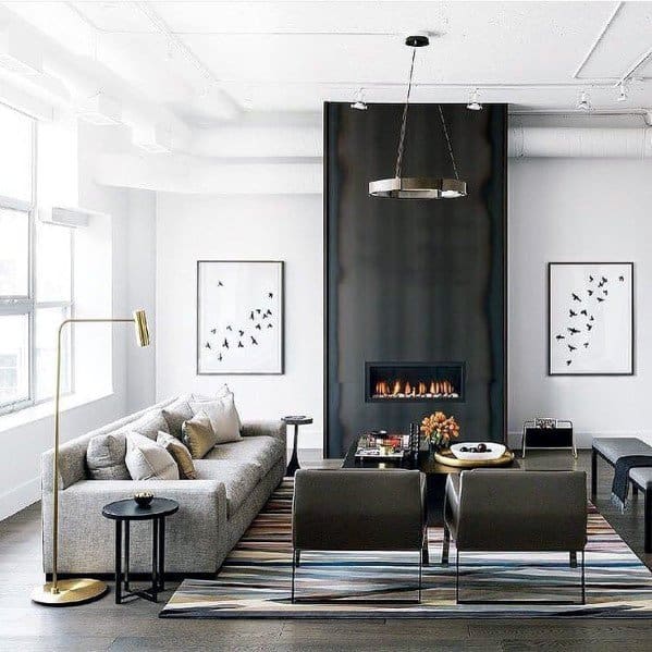 modern living room, gray sofa, gold floor lamp