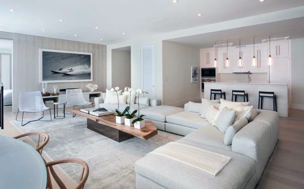 White and gray living room with open kitchen 