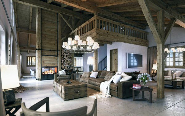 Cabin-style living room with wood accents 
