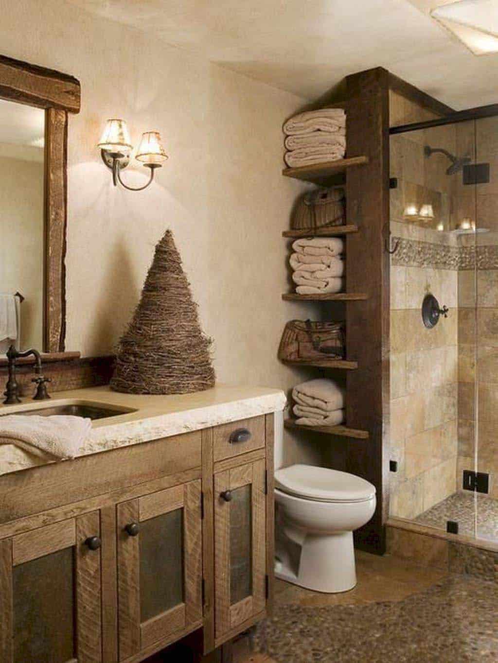 Rustic bathroom vanity with open shelving and glass-enclosed shower