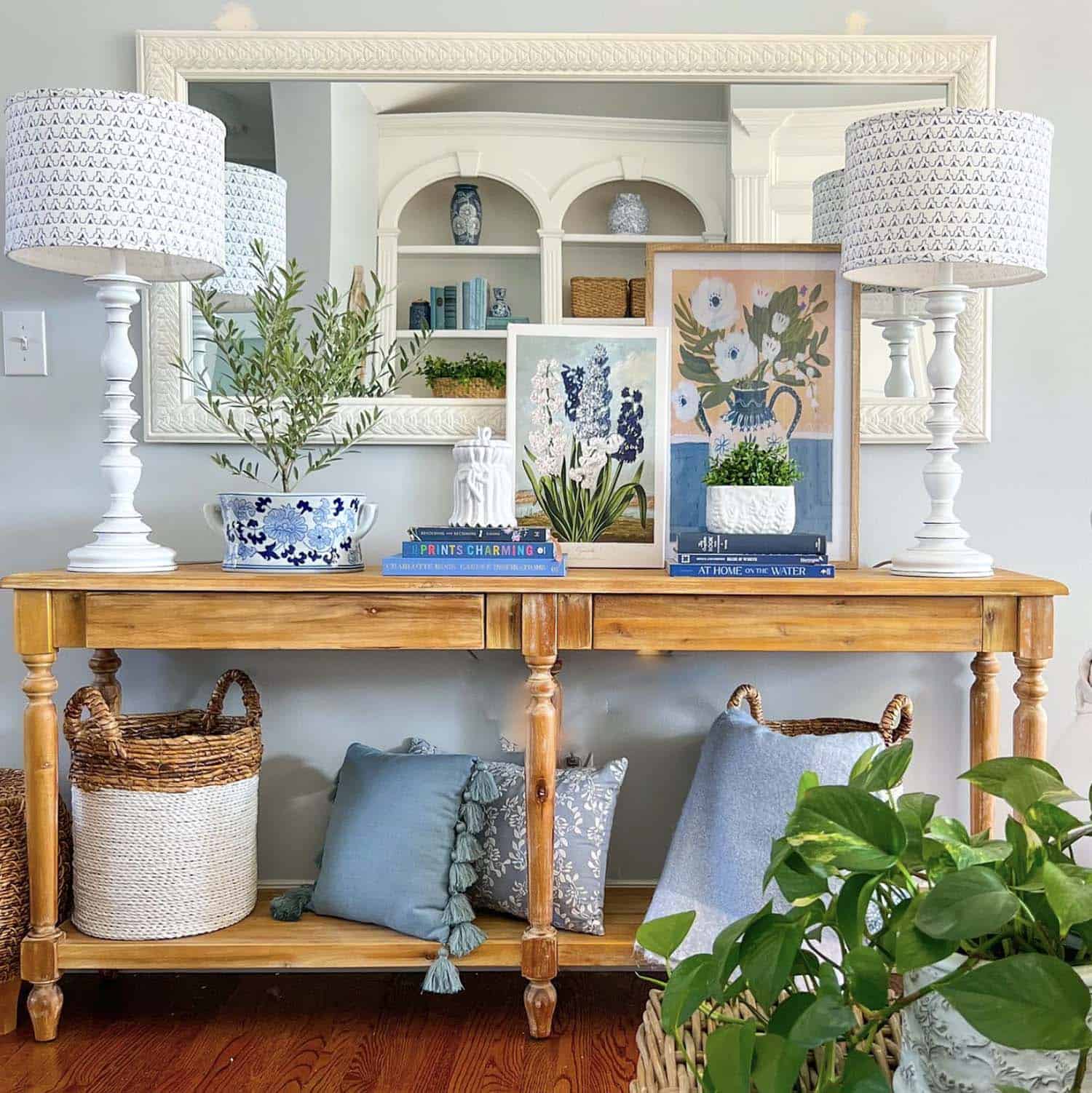 Spring console table decoration living room with blue accents