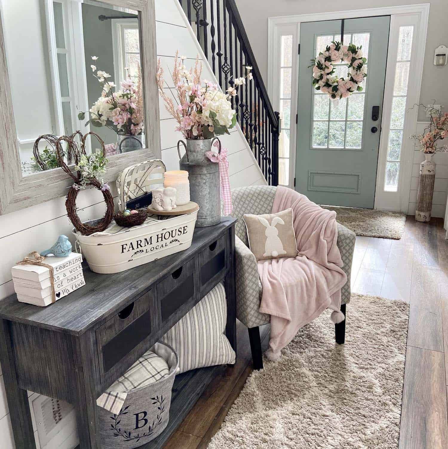 Spring-console-table-decoration-entry-with-pink-accents