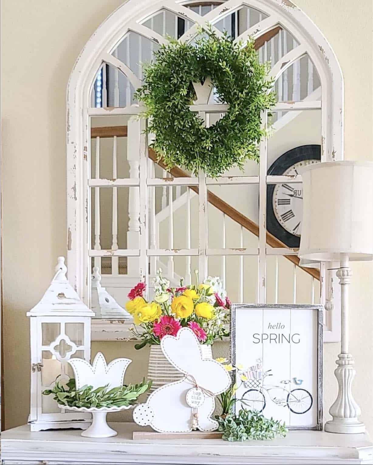 Spring console table decoration with an Easter bunny