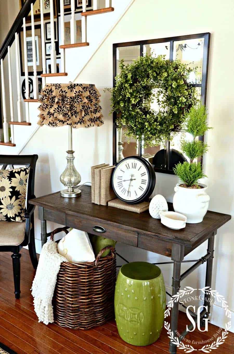 Spring Console Table Decoration Entryway with Boxwood Wreath