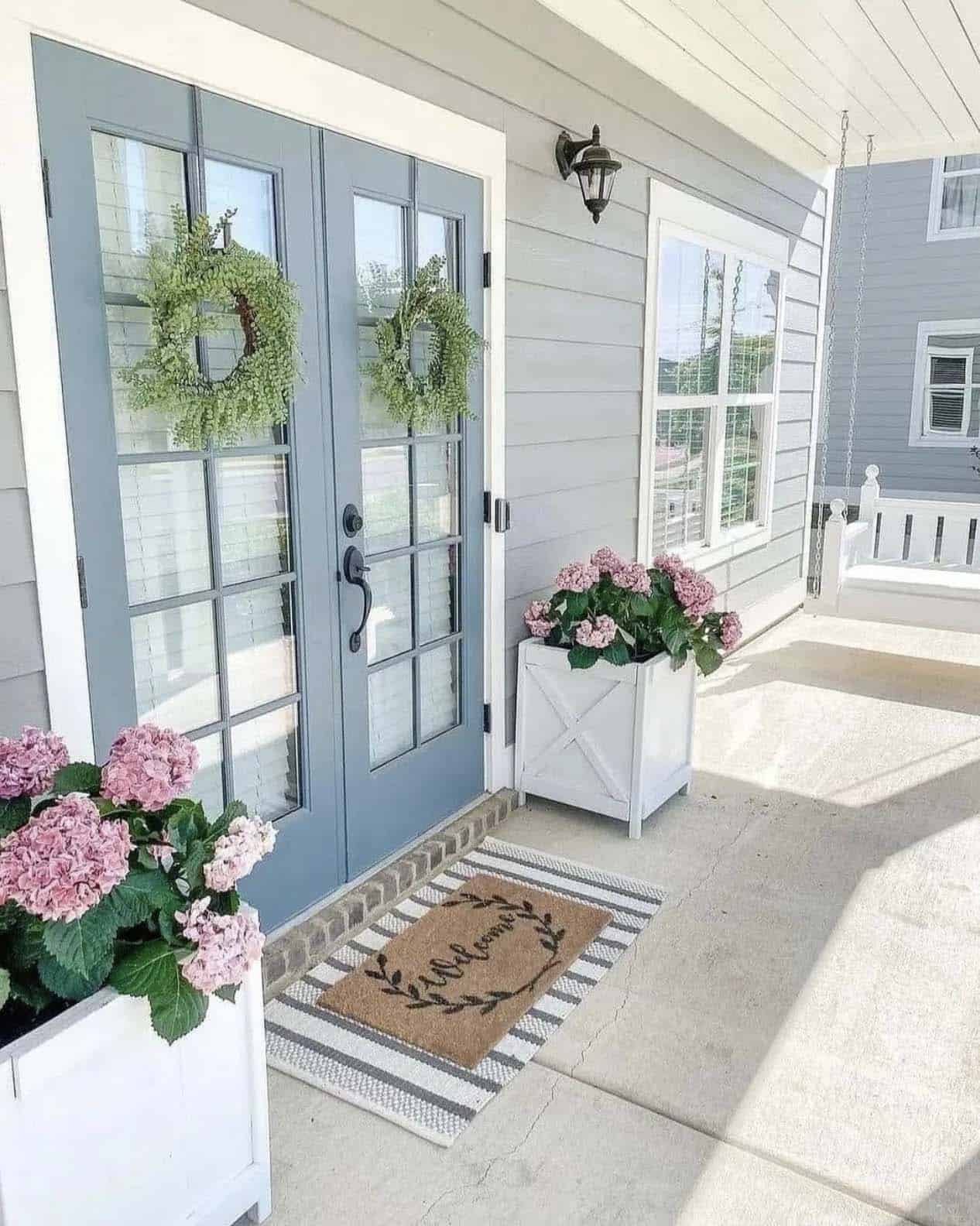 Porch with fresh spring flowers