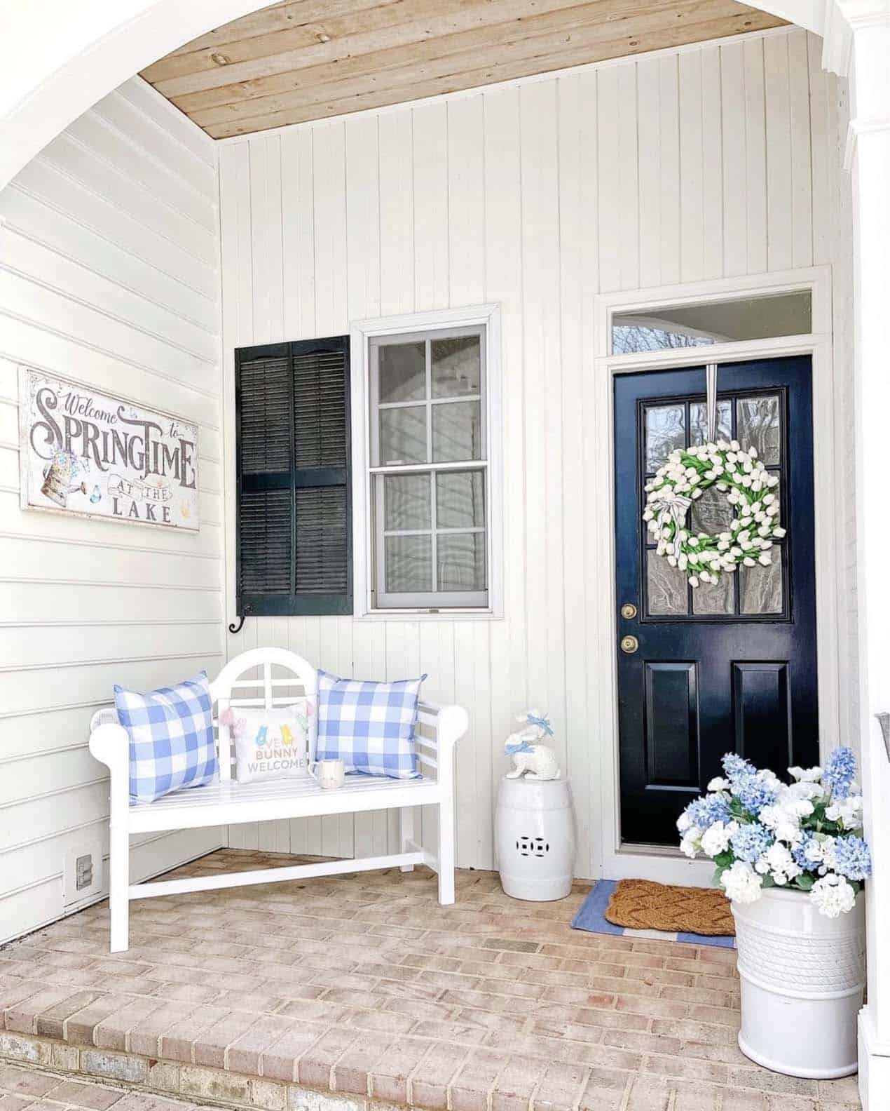 Spring porch with blue and white color scheme