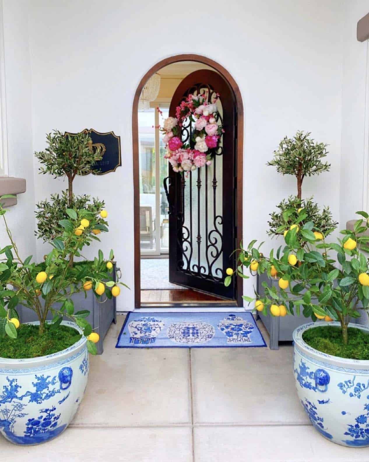 Spring porch decorations in blue and white