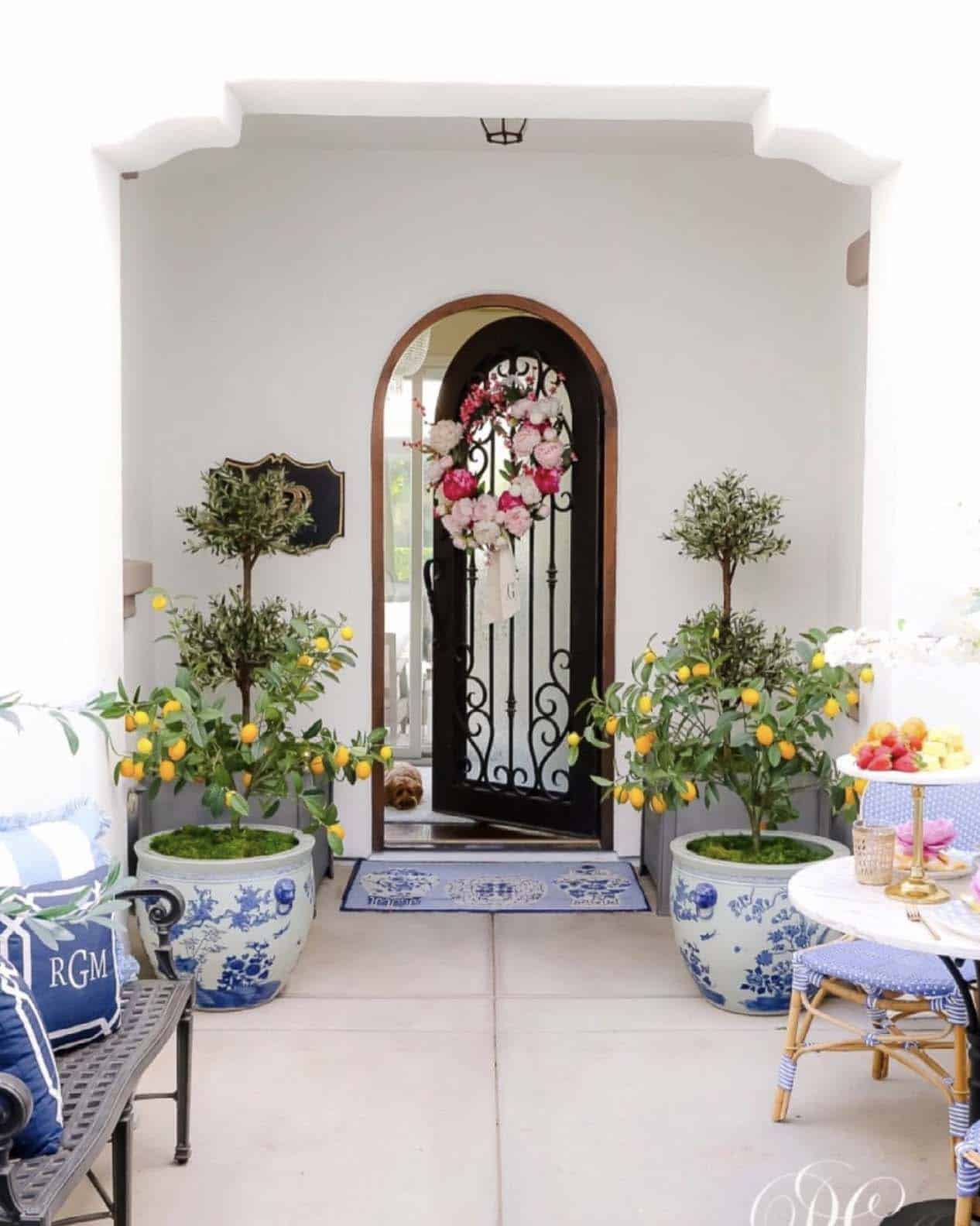 Spring porch decorations in blue and white