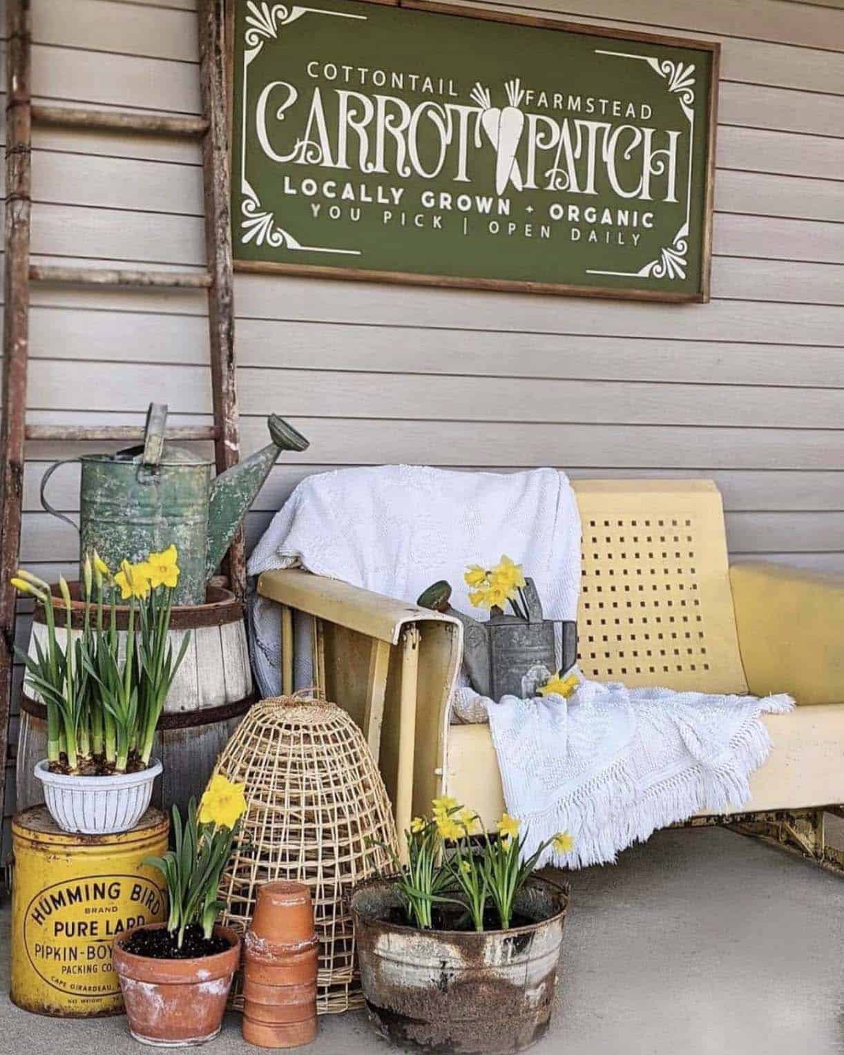 Spring porch decoration with pops of yellow and green