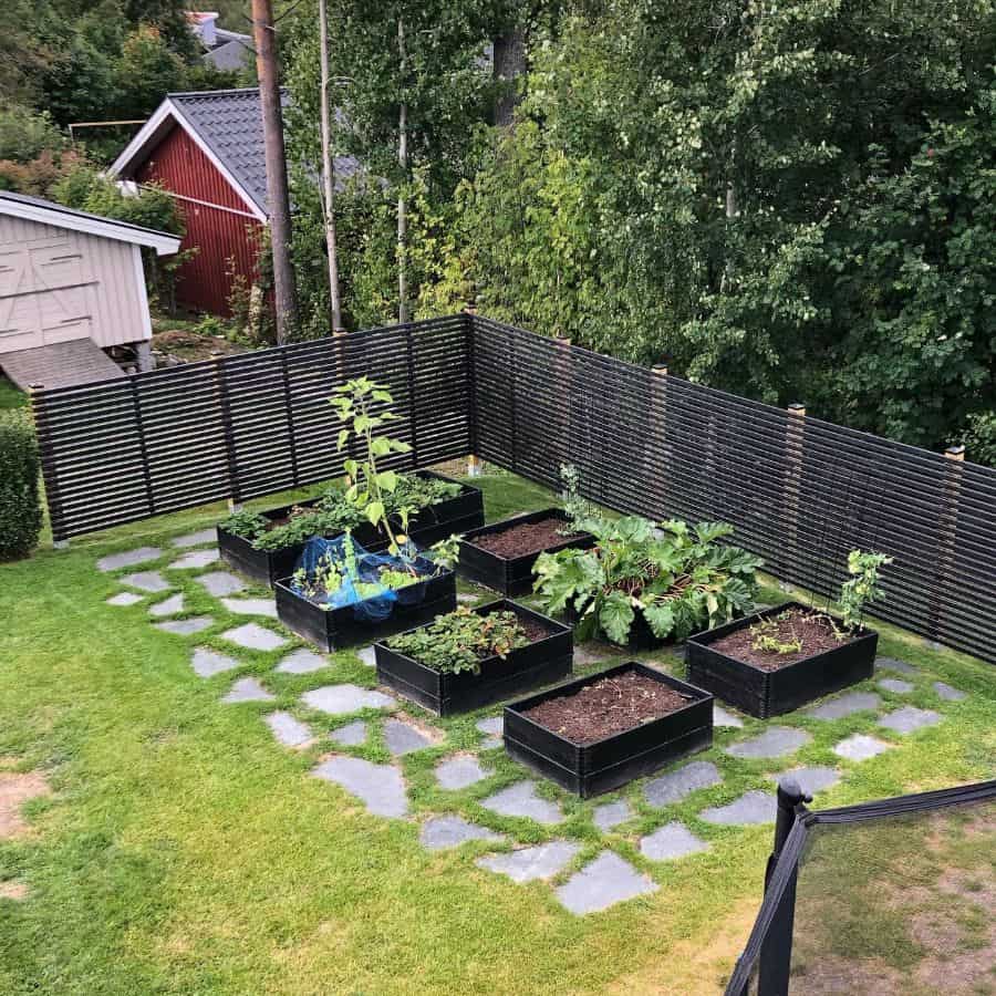 Black painted wood raised bed, planter box, pallet garden