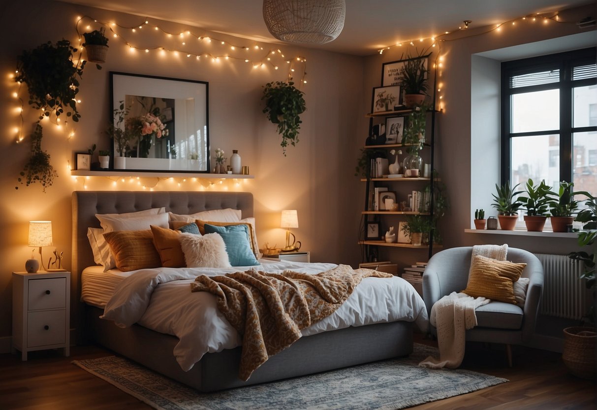 A cozy bedroom with colorful wall art, fairy lights and DIY decor. An affordable space with a mix of patterns and textures for a fun and lively atmosphere