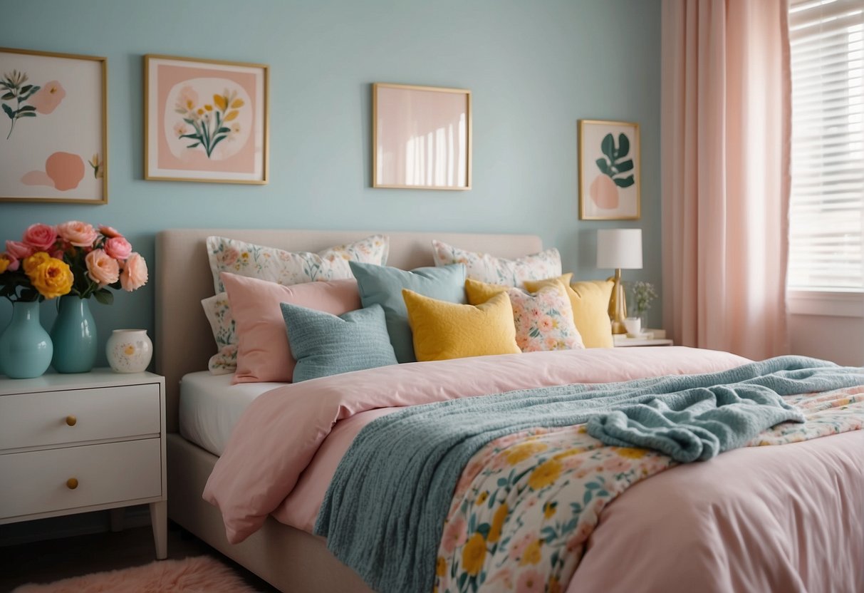A cozy bedroom with pastel walls, floral bedding and bright pops of color in the form of pillows and wall art. A mix of soft pinks, blues and yellows creates a cheerful and inviting atmosphere
