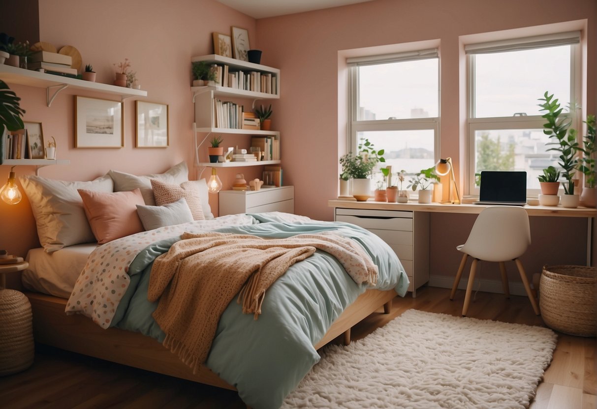 A cozy bedroom with pastel walls, fairy lights and a fluffy carpet. A bookshelf with colorful books and a desk with art supplies. A bed with floral linens and throw pillows