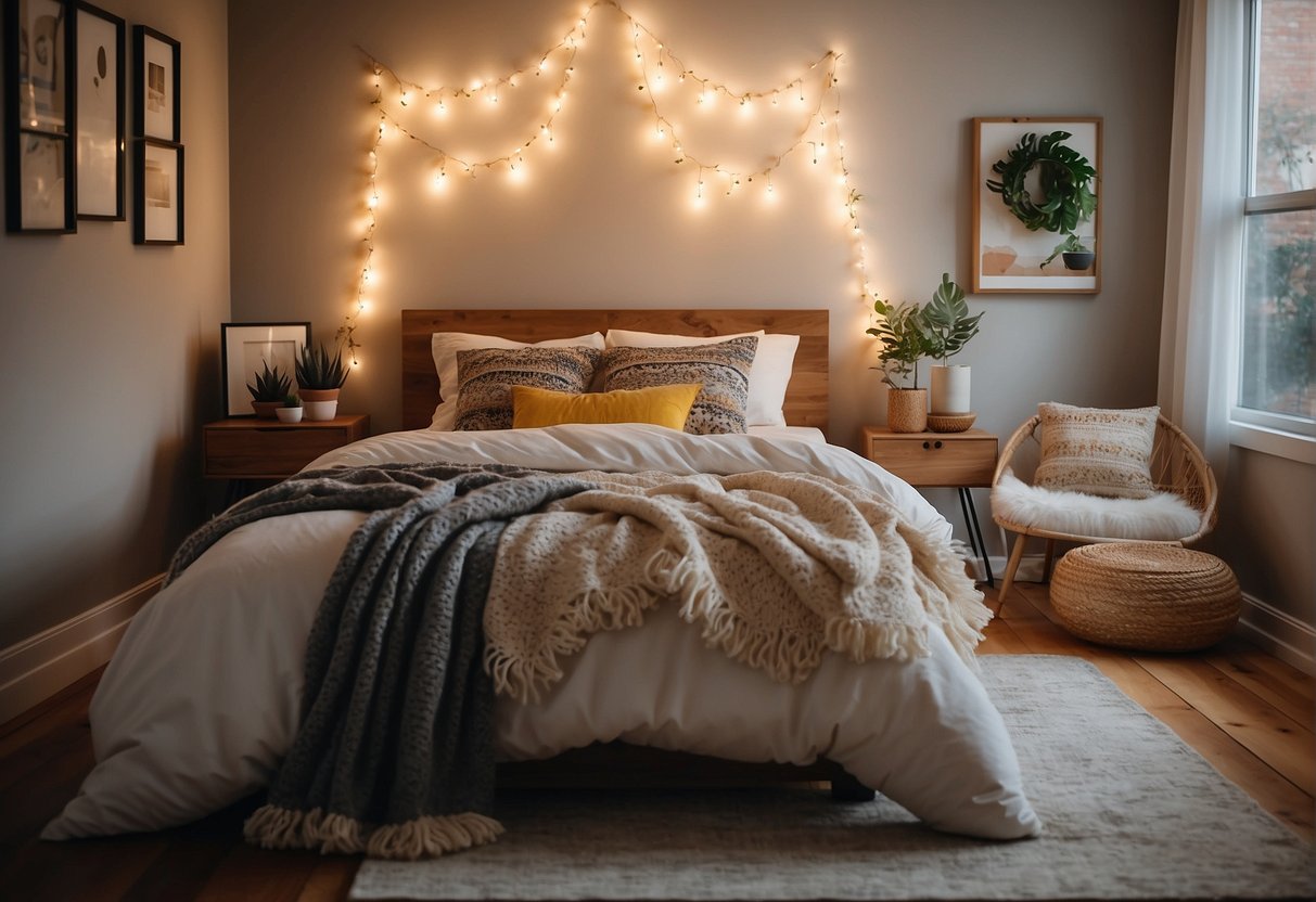 A cozy bedroom with DIY decor: string lights over a four-poster bed, colorful pillows, and a handmade wall art gallery with inexpensive frames