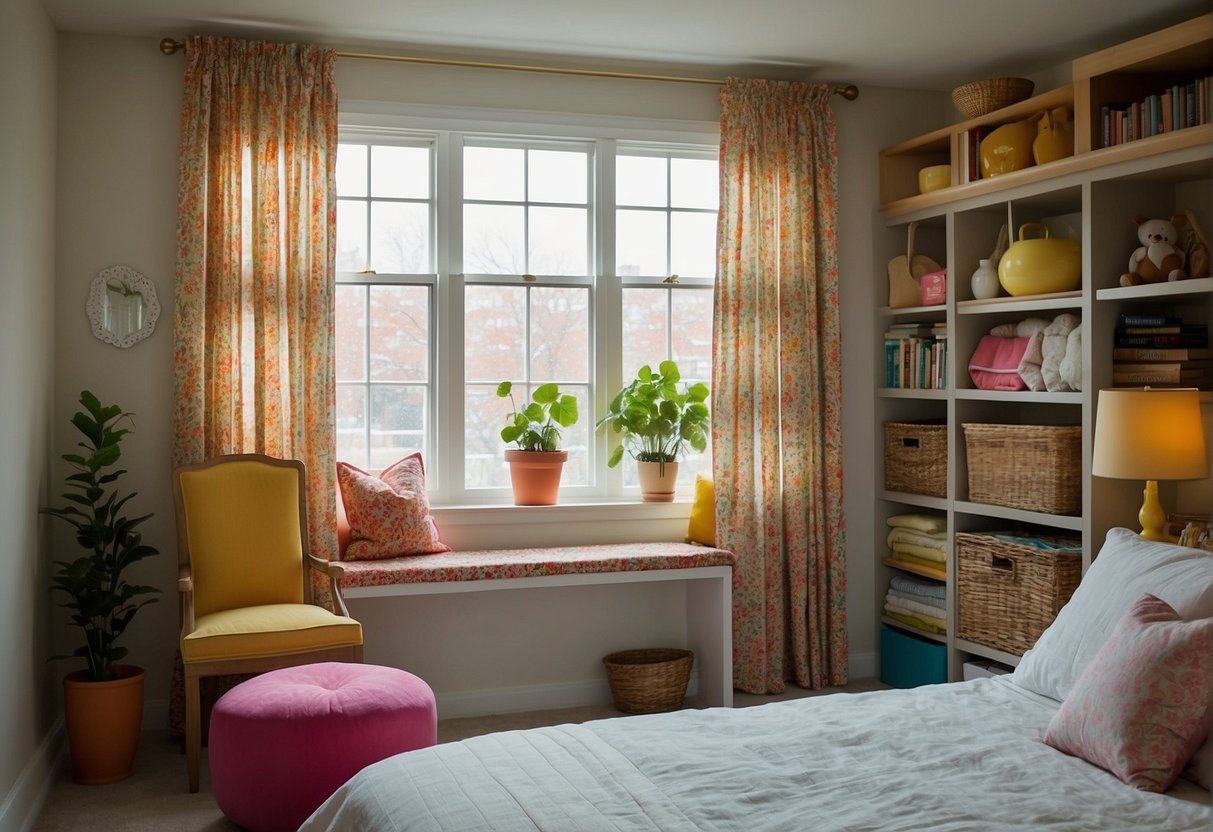 A colorful bedroom with organized shelves, hanging baskets and decorative storage containers. Bright, patterned curtains and a cozy reading corner complete the room