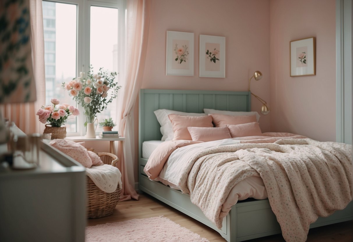 A cozy bedroom with a mix of DIY and shop furniture. Soft pastel colors and floral patterns create a girly and affordable vibe