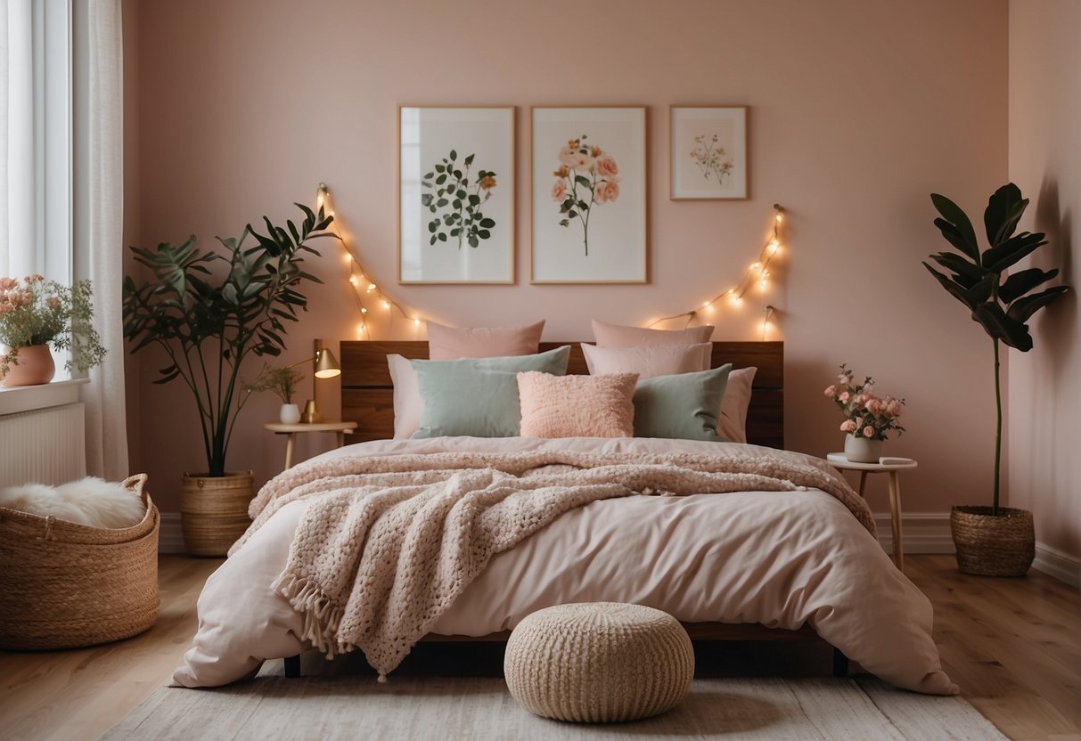 A cozy bedroom with pastel walls and floral accents. An inexpensive rug and DIY wall art add a personal touch. A chain of lights creates a dreamlike atmosphere