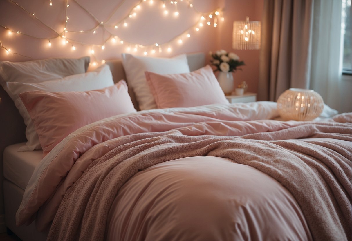 A plush pink duvet covers a single bed and fairy lights are draped around the headboard. A fluffy white carpet and pastel-colored pillows complete the cozy interior