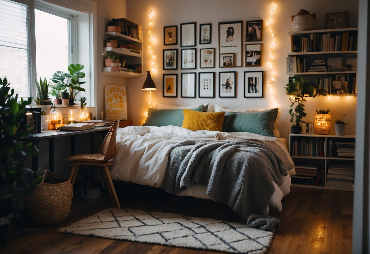 A cozy bedroom with colorful pillows, fairy lights and a DIY photo collage on the wall. A bookshelf full of books and cute trinkets. A fluffy carpet and a small desk with a potted plant