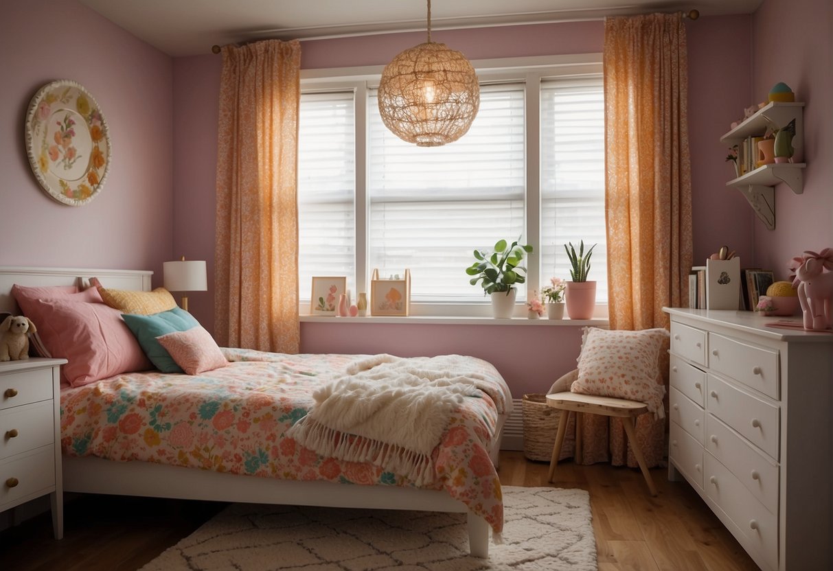 A cozy girl's room with colorful curtains, patterned blinds and decorative valances. Bright and inexpensive decorating ideas