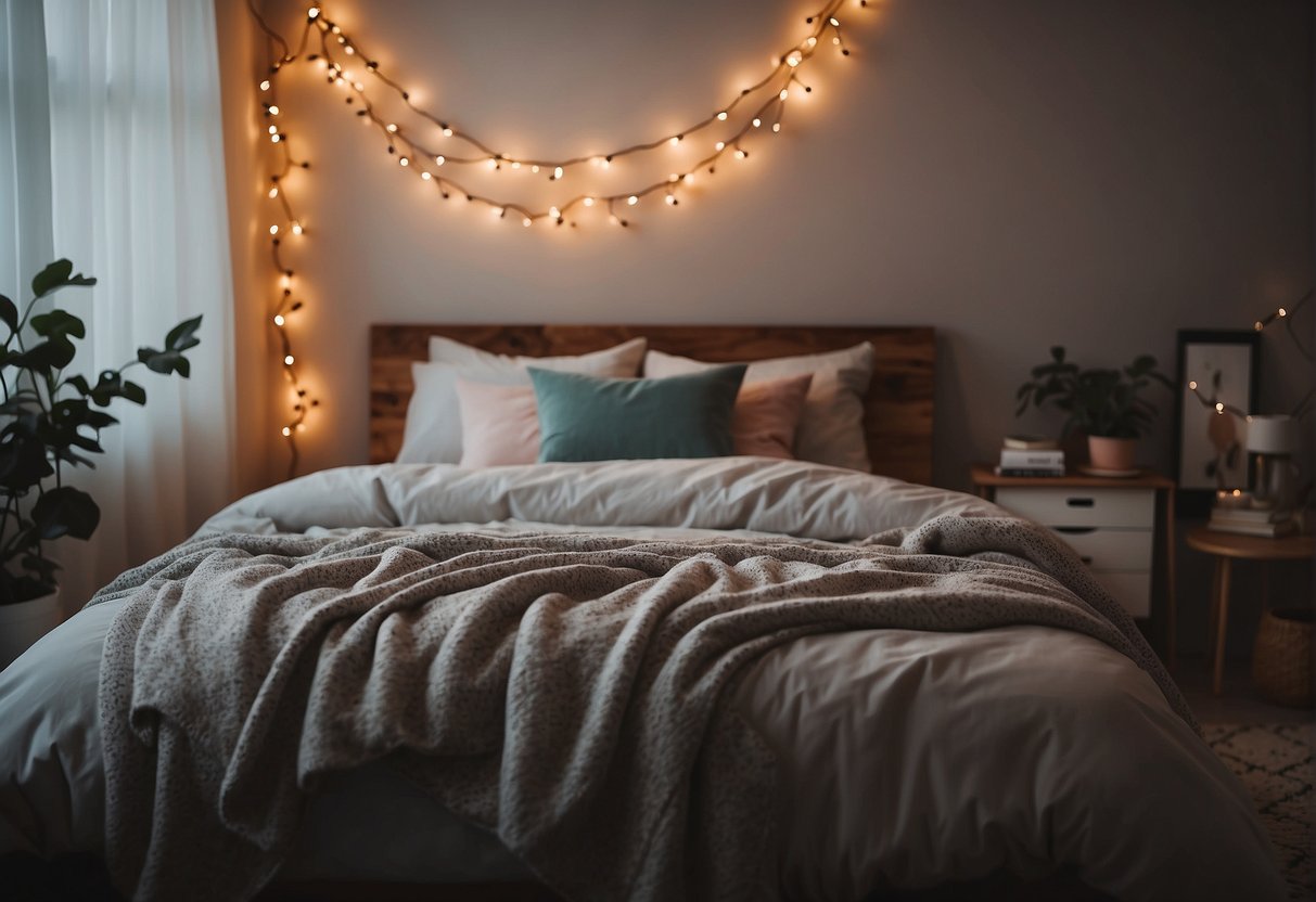 A cozy bedroom with fairy lights hanging from the ceiling, pastel bedding and a DIY wall art display