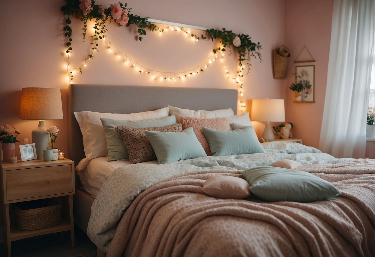 A cozy bedroom with colorful, affordable furnishings. Pastel walls, fairy lights, and DIY wall art create a whimsical atmosphere. Floral bedding and soft carpets add a touch of charm