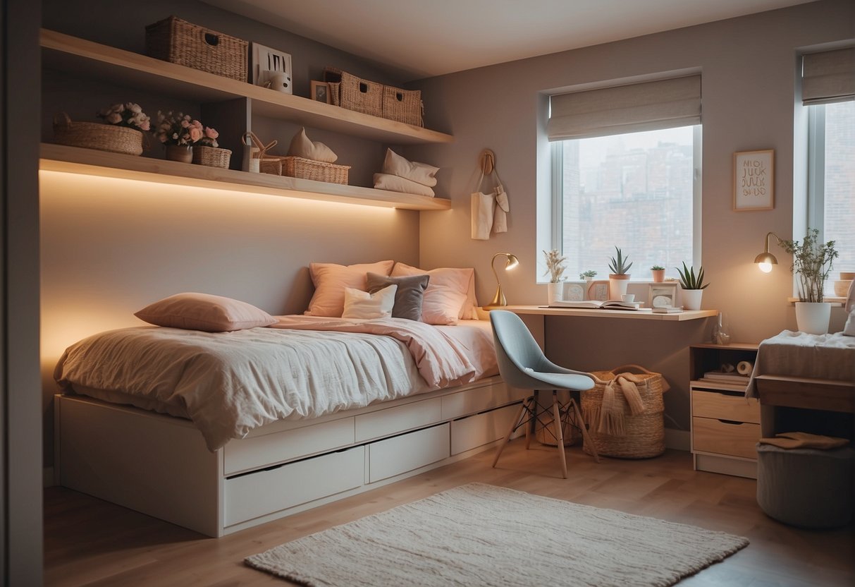 A cozy bedroom with a loft bed, storage space under the bed and wall shelves. Soft lighting and pastel colors create a calm and inviting atmosphere