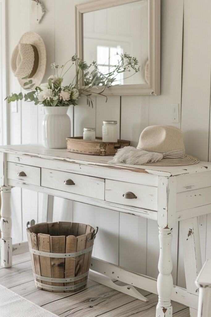 Rustic white entry table with minimalist white decor