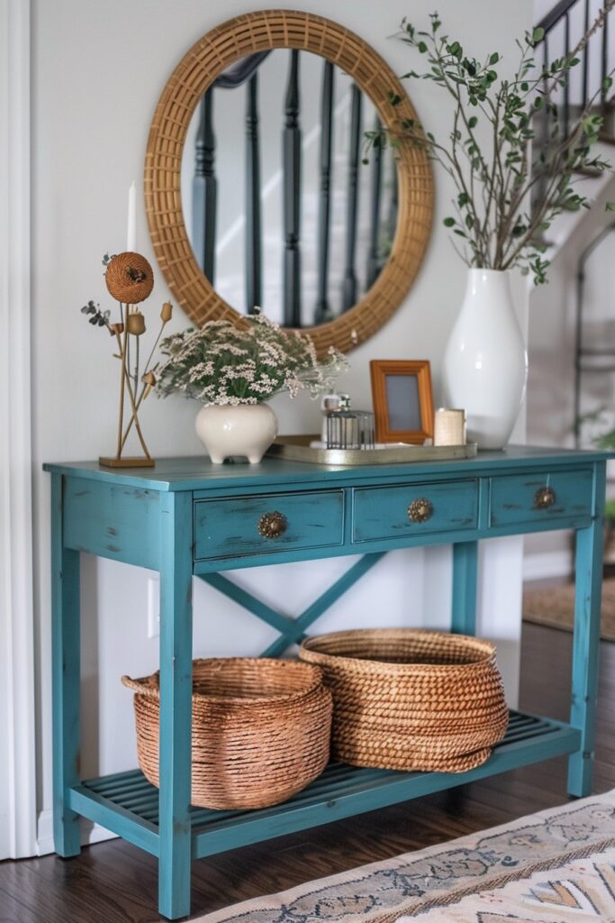 Teal entry table with large round jute mirror and jute baskets