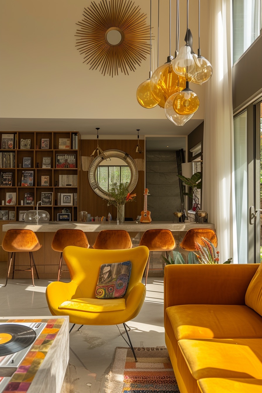Glamorous, luxurious open plan living room with floor to ceiling bookshelves