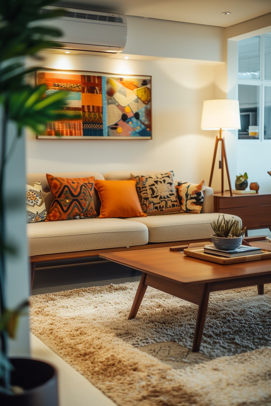 Neutral mid-century living room with accents of orange and blue